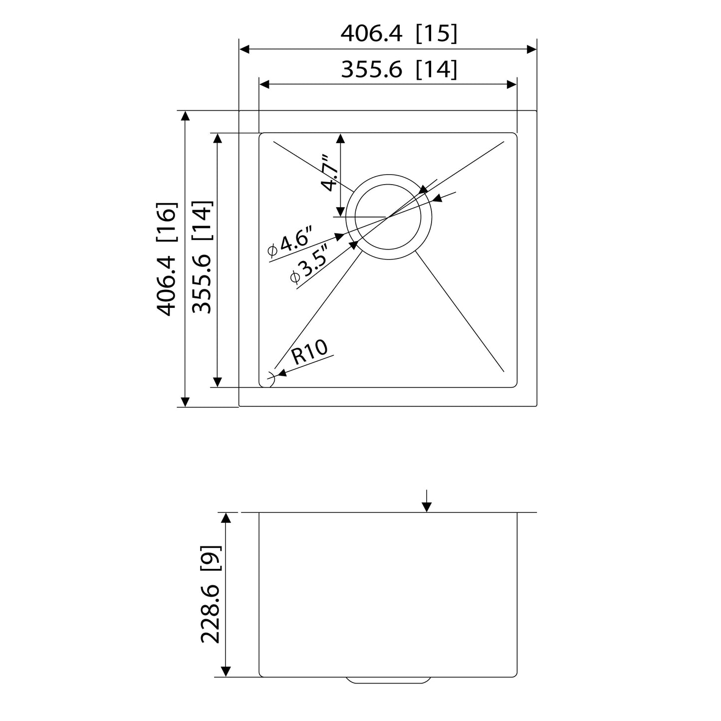 American Imaginations AI-27522 16" Stainless Steel Square Stainless Steel Modern Kitchen Sink