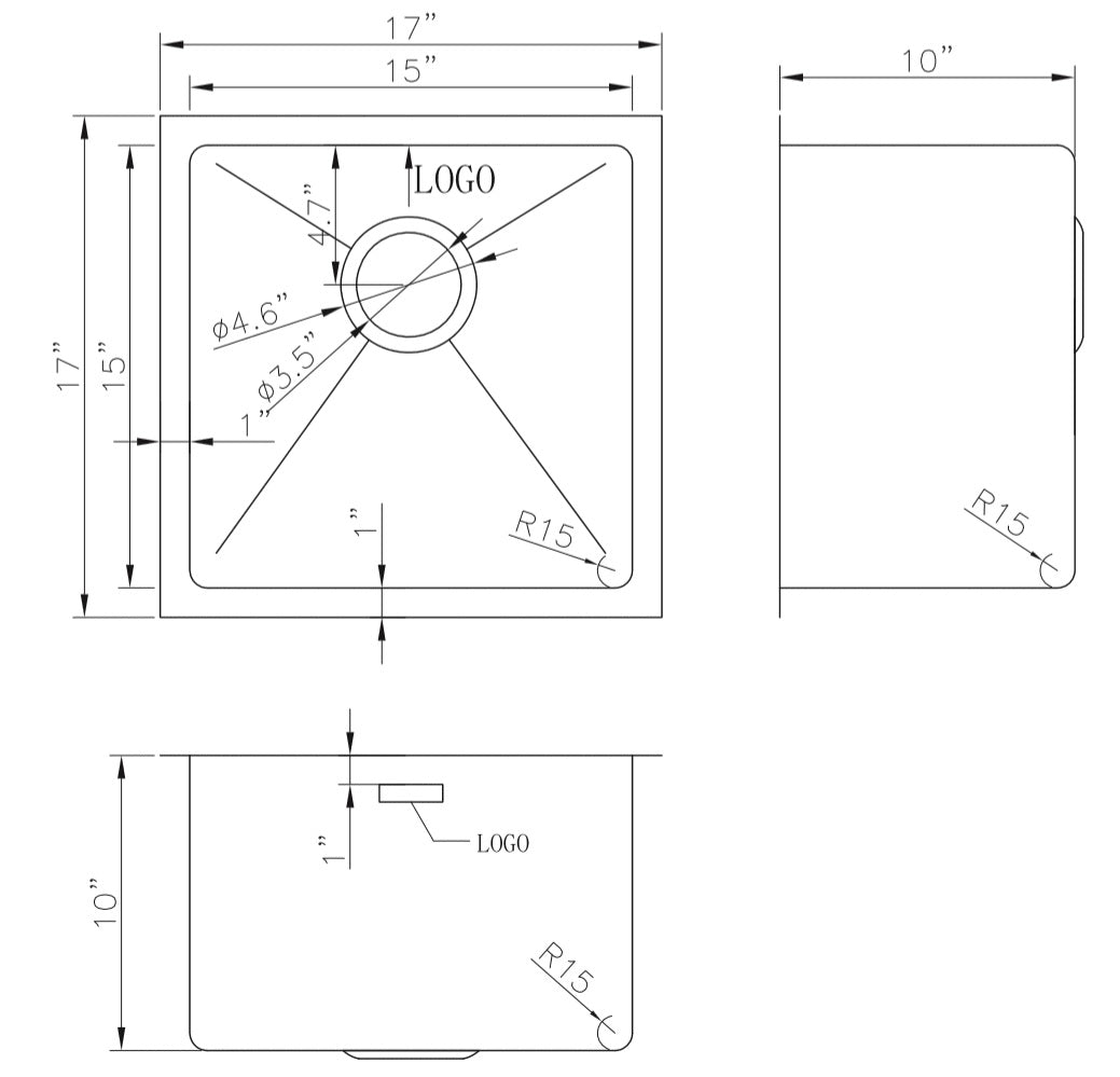 American Imaginations AI-27525 17" Stainless Steel Square Stainless Steel Modern Kitchen Sink