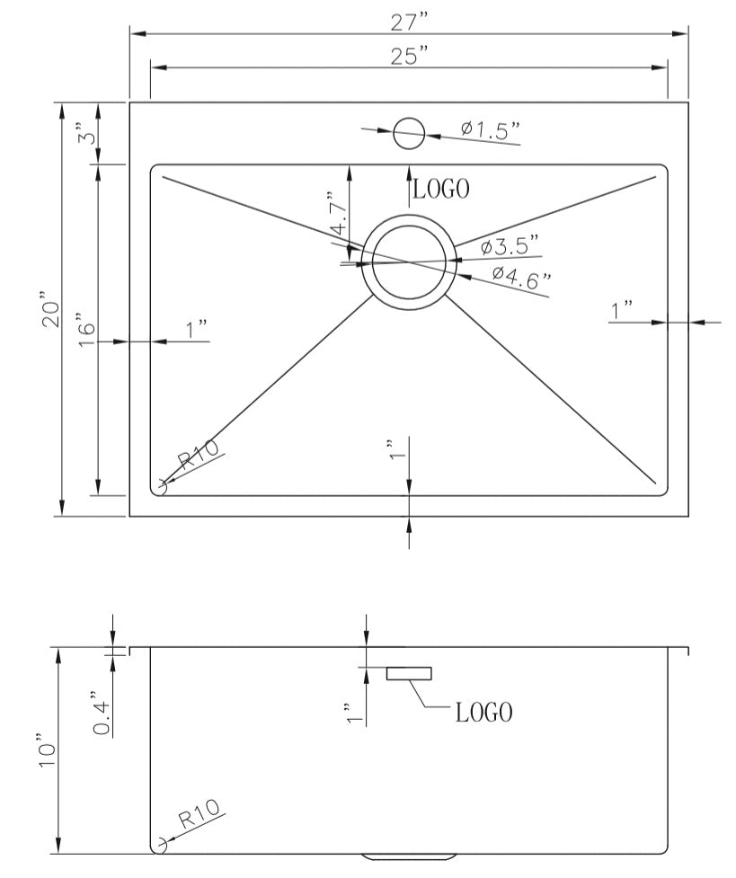 American Imaginations AI-27539 27" Stainless Steel Rectangle Stainless Steel Modern Kitchen Sink