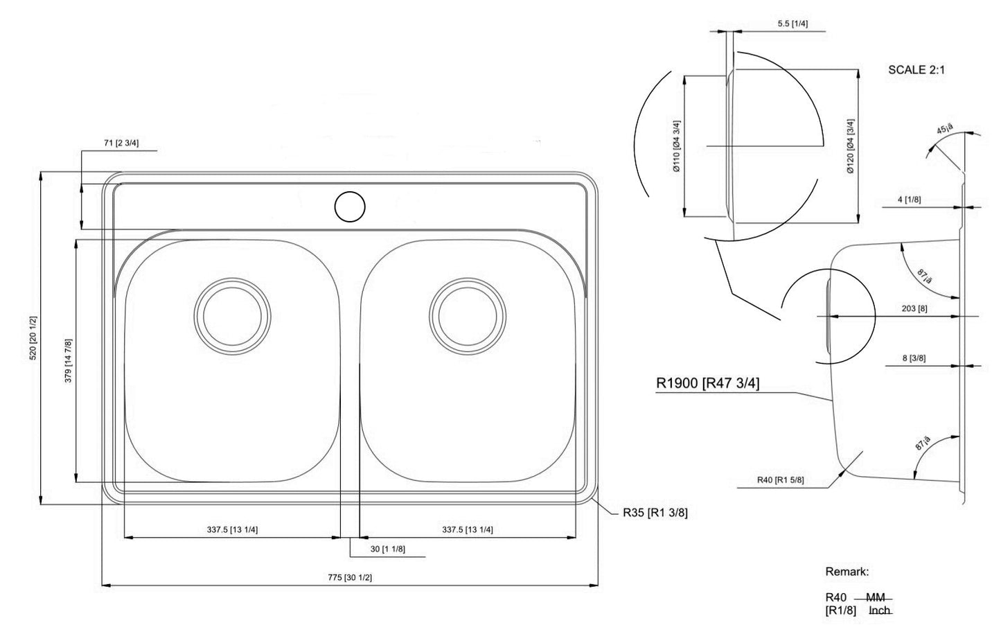American Imaginations AI-27620 31" Stainless Steel Rectangle Stainless Steel Modern Kitchen Sink