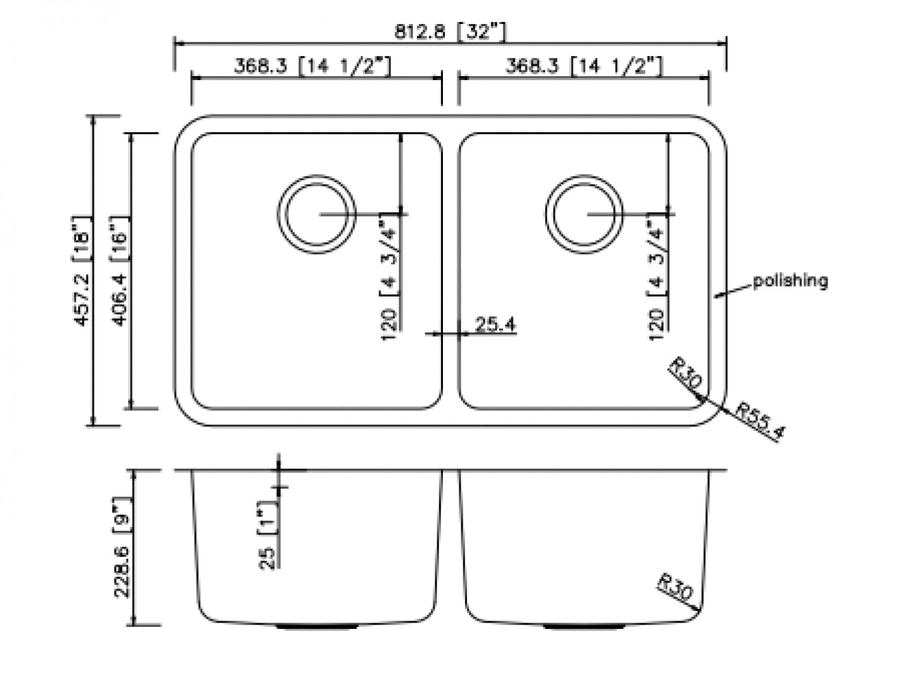 American Imaginations AI-34542 32" Stainless Steel Rectangle Stainless Steel Modern Kitchen Sink