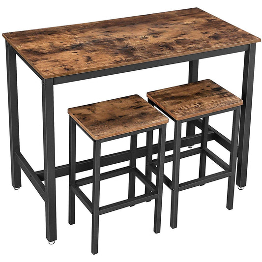 Benzara 3 Piece Wooden Top Bar Table Set With Tubular Metal Legs, Brown and Black