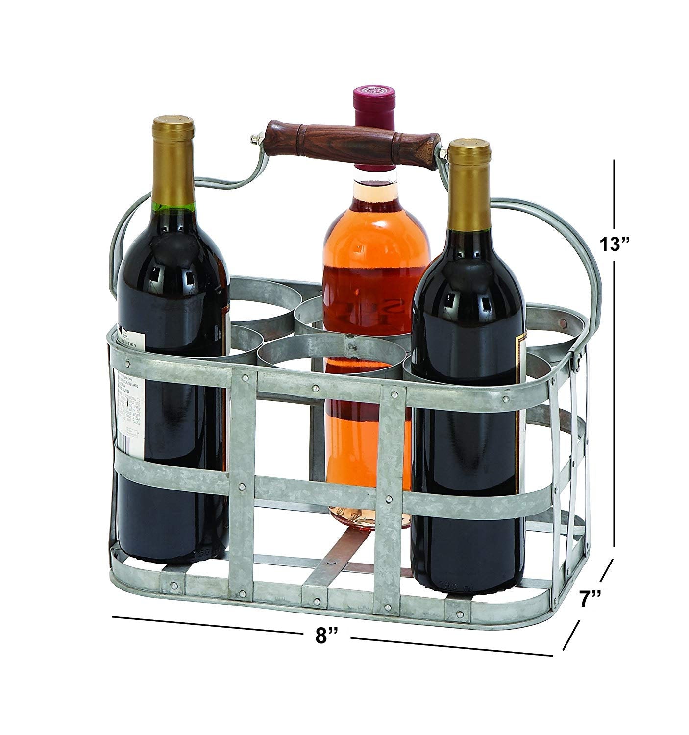 Benzara BM00224 Gray 6-Bottle Farmhouse Metal Wine Holder With Wooden Handle