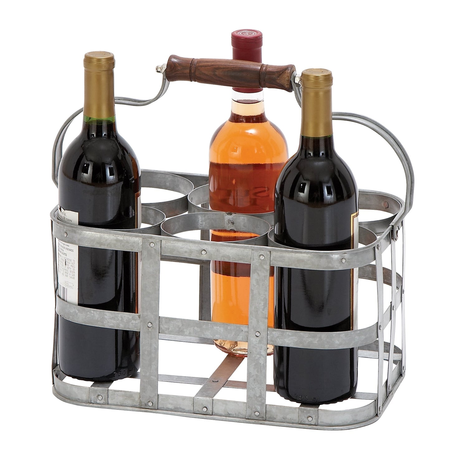 Benzara BM00224 Gray 6-Bottle Farmhouse Metal Wine Holder With Wooden Handle