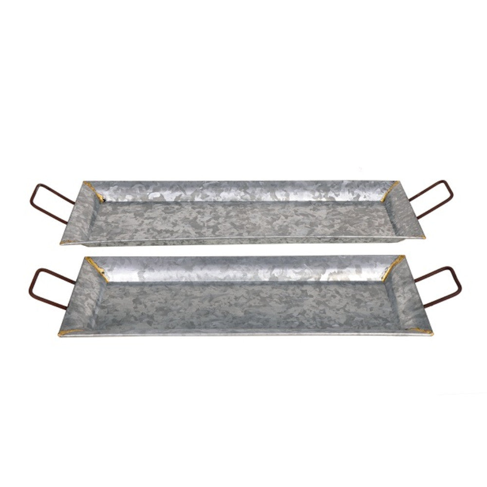 Benzara BM02370 Silver Rectangular Shaped Metal Galvanized Trays, Set of 2