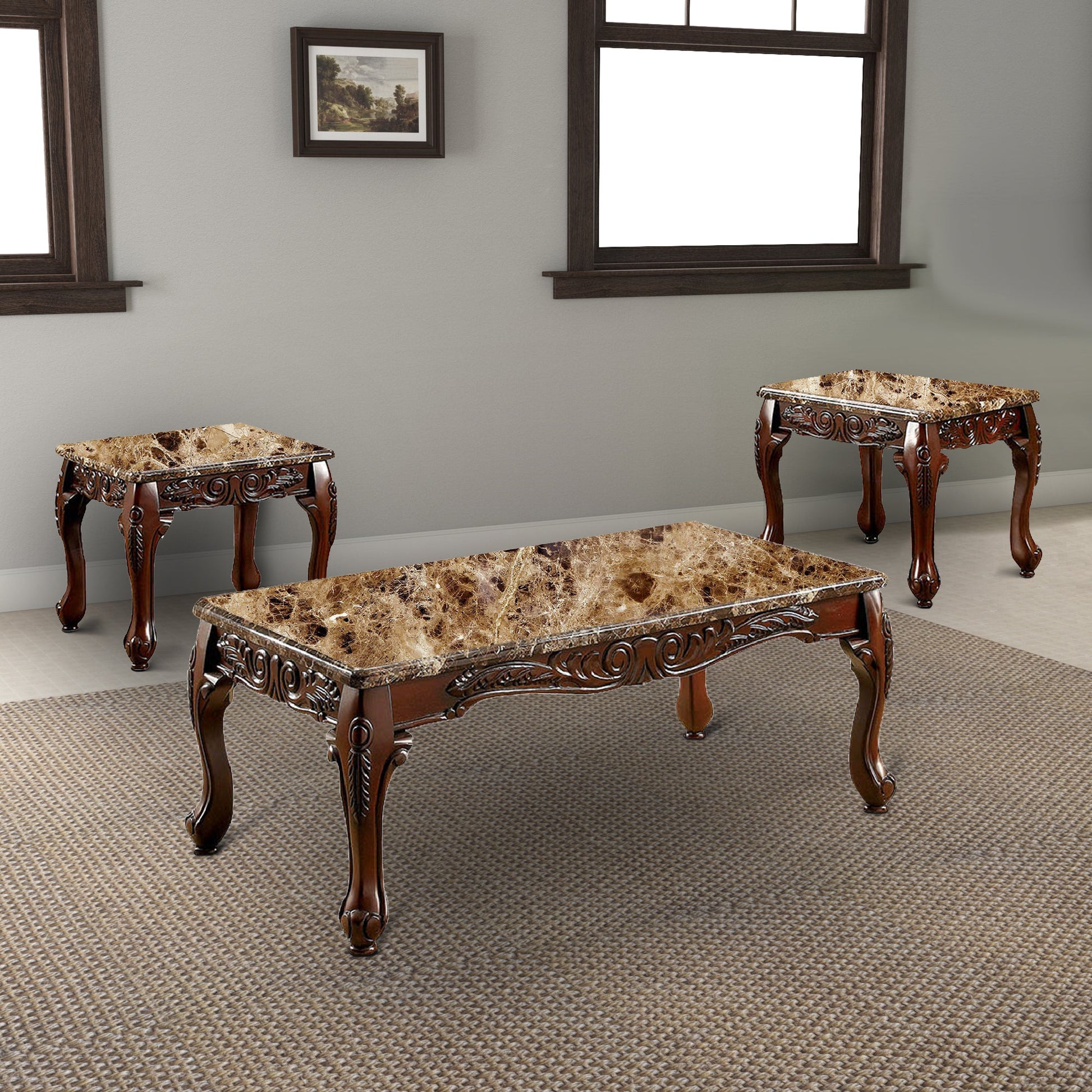 Benzara BM131463 3 Piece Occasional Wooden Table Set With Marble Top, Brown