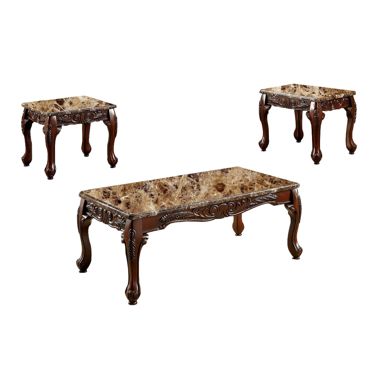 Benzara BM131463 3 Piece Occasional Wooden Table Set With Marble Top, Brown