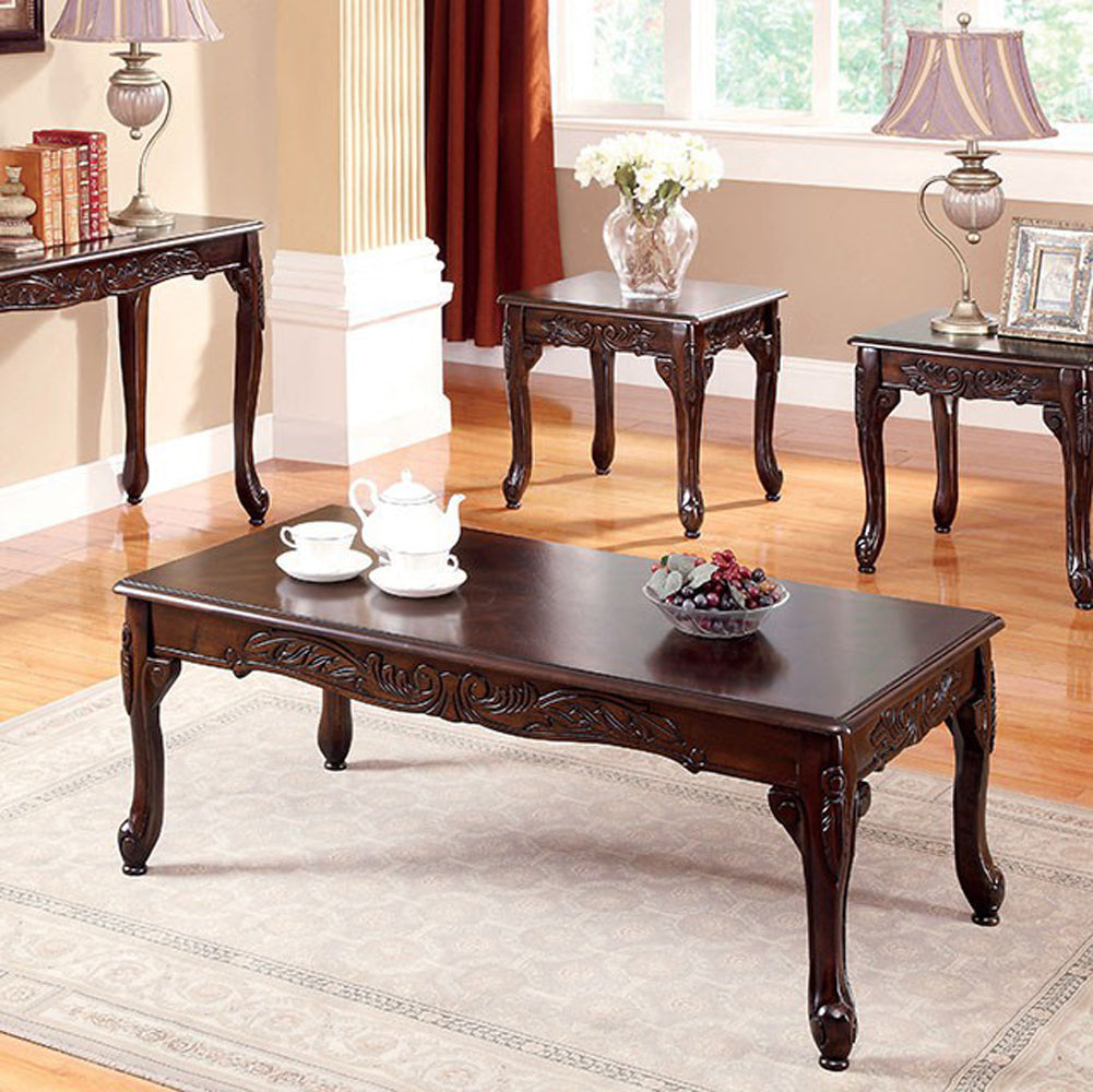 Benzara BM131772 3 Piece Occasional Wooden Table Set With Engraved Details, Cherry Brown