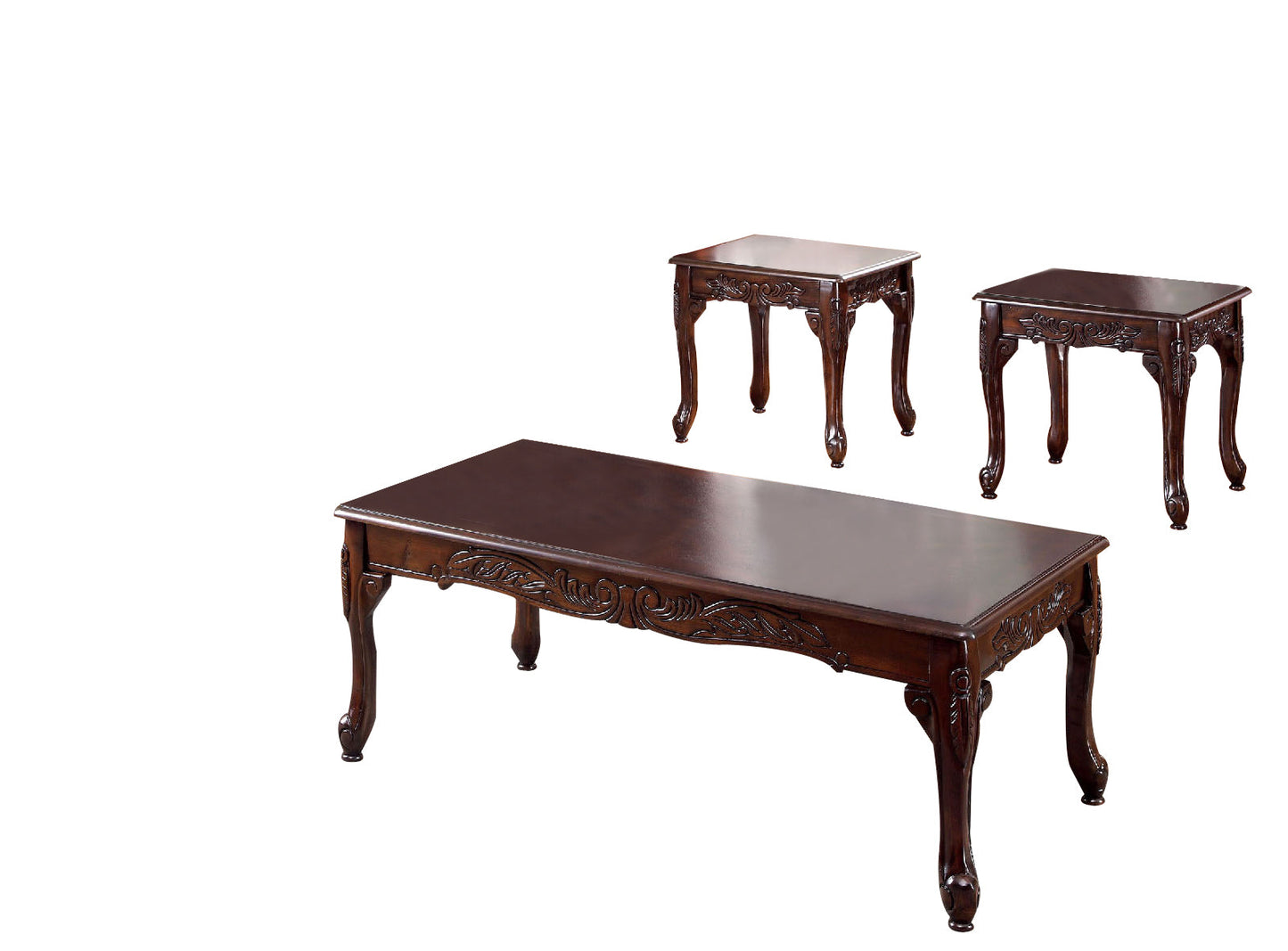 Benzara BM131772 3 Piece Occasional Wooden Table Set With Engraved Details, Cherry Brown