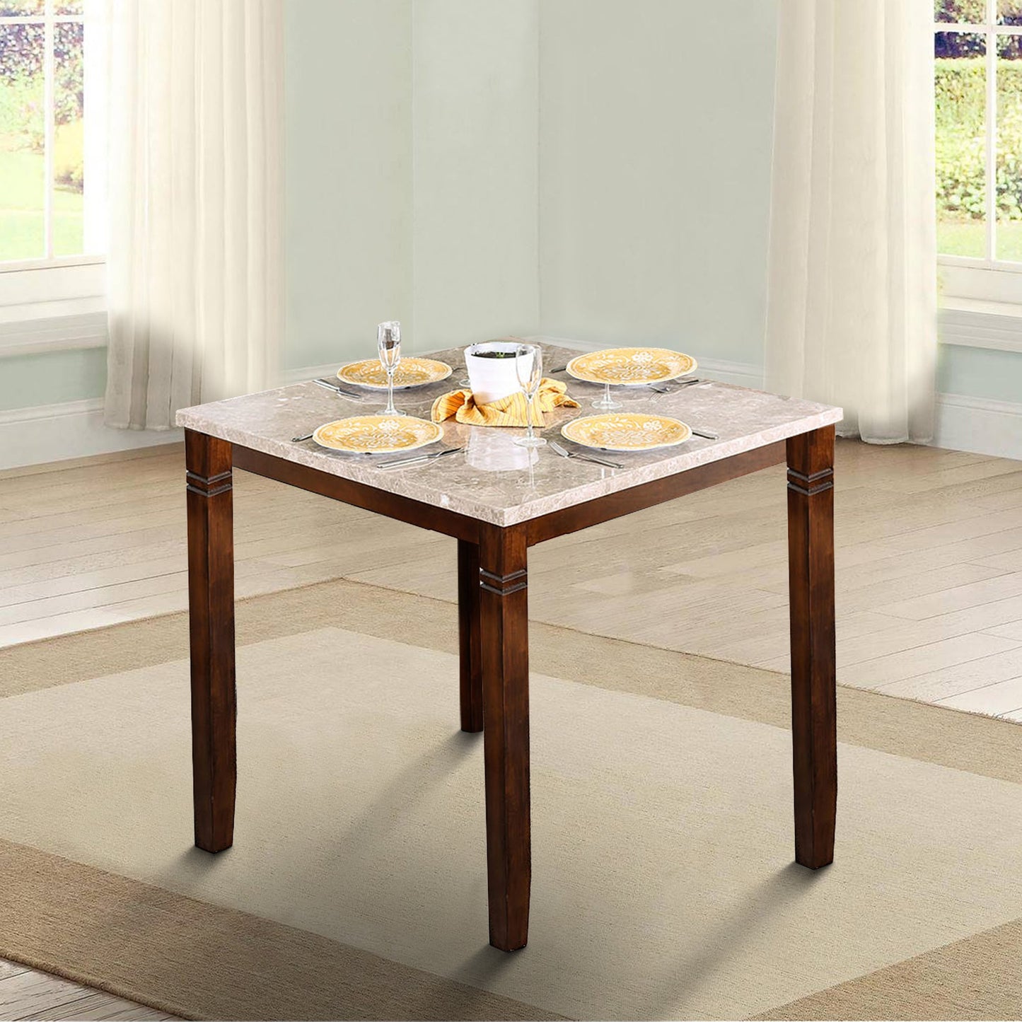 Benzara BM137567 Square Marble Top Counter Height Table With Chamfered Feet, Beige and Brown