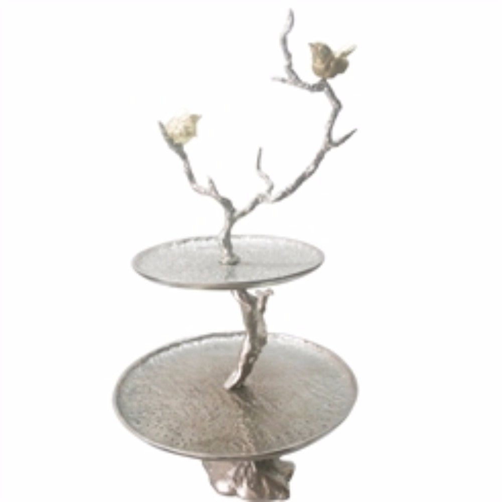 Benzara BM158344 Silver 2-Tiered Impressively Designed Iron Branch Tray