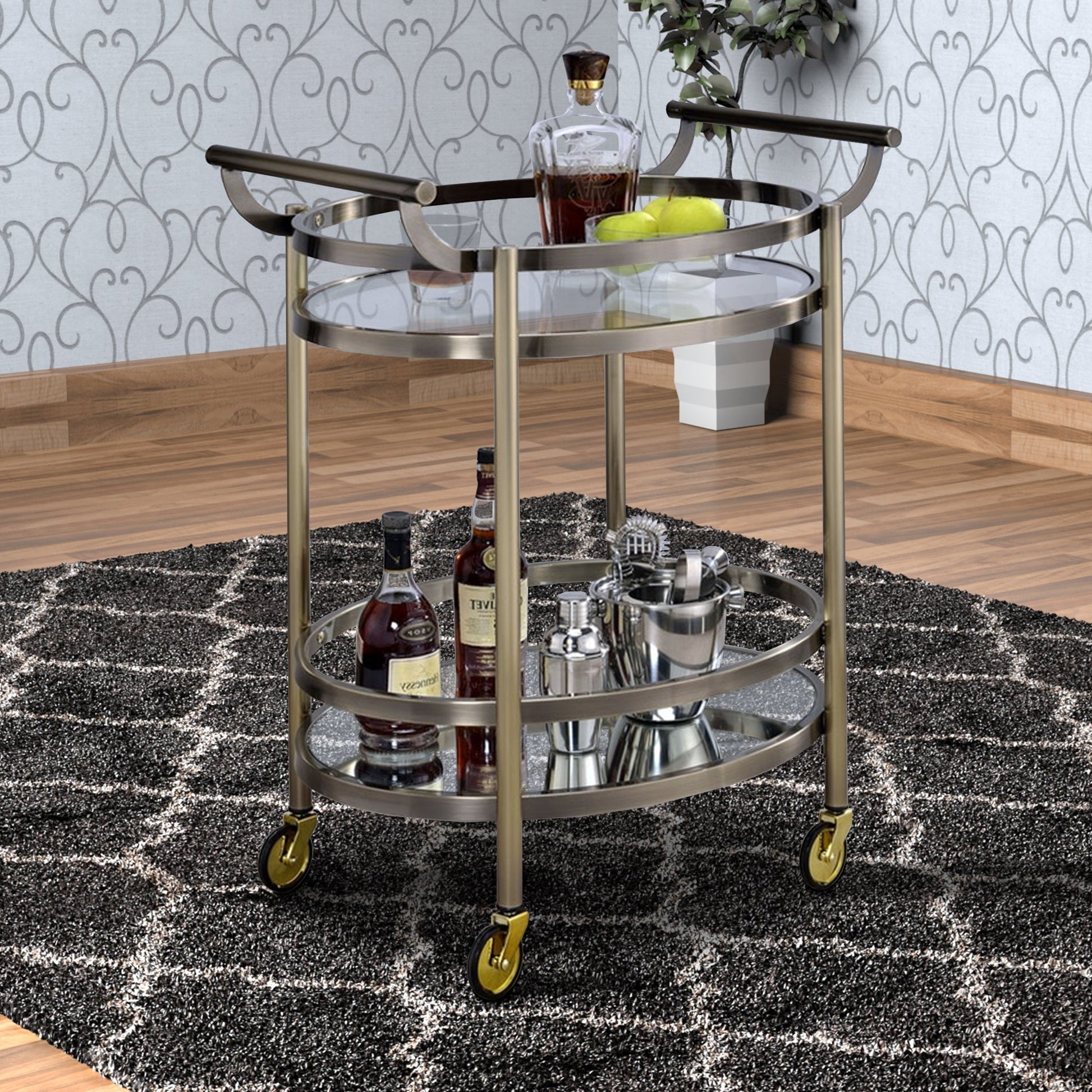 Benzara BM158855 Oval Metal Serving Cart, Clear Glass & Gold