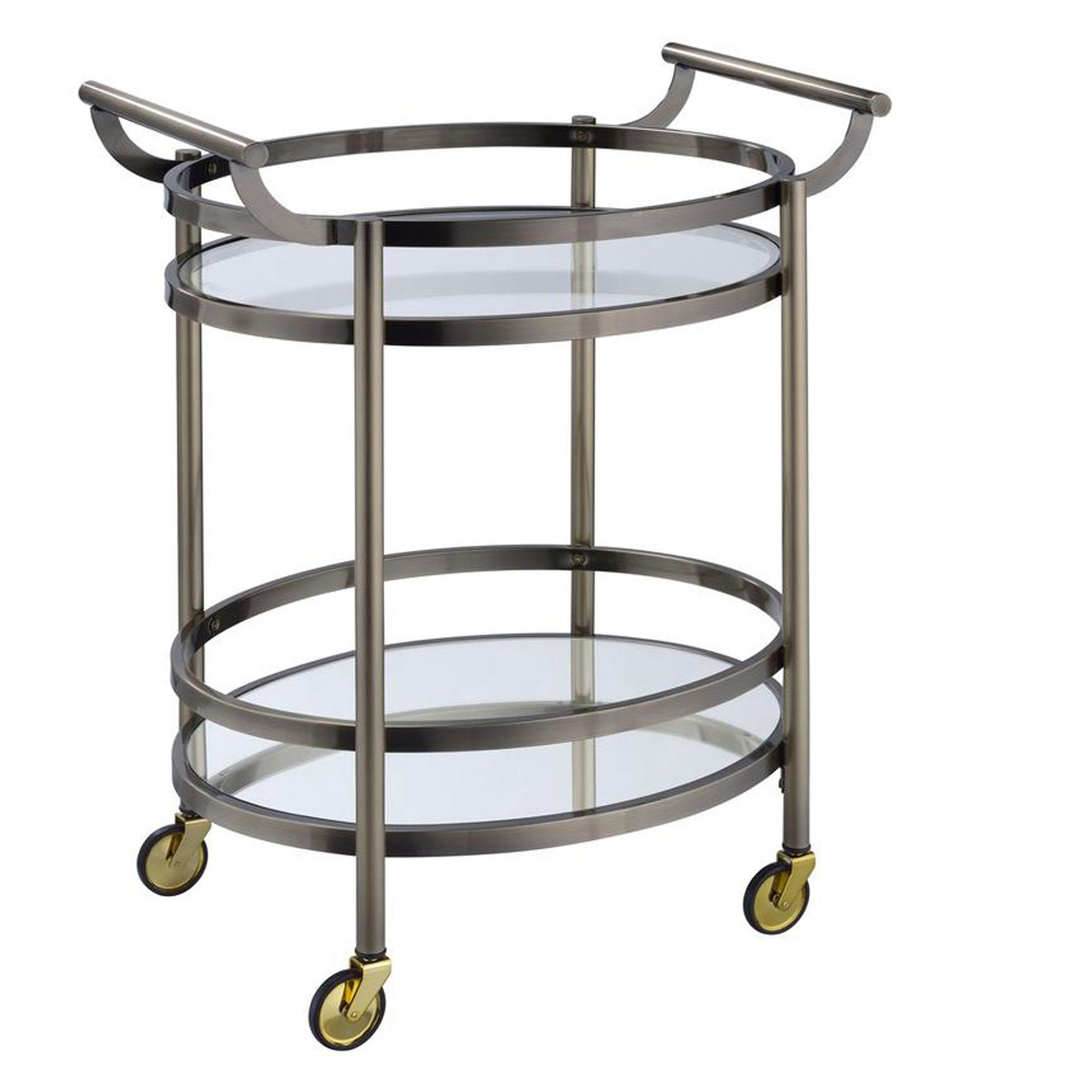 Benzara BM158855 Oval Metal Serving Cart, Clear Glass & Gold