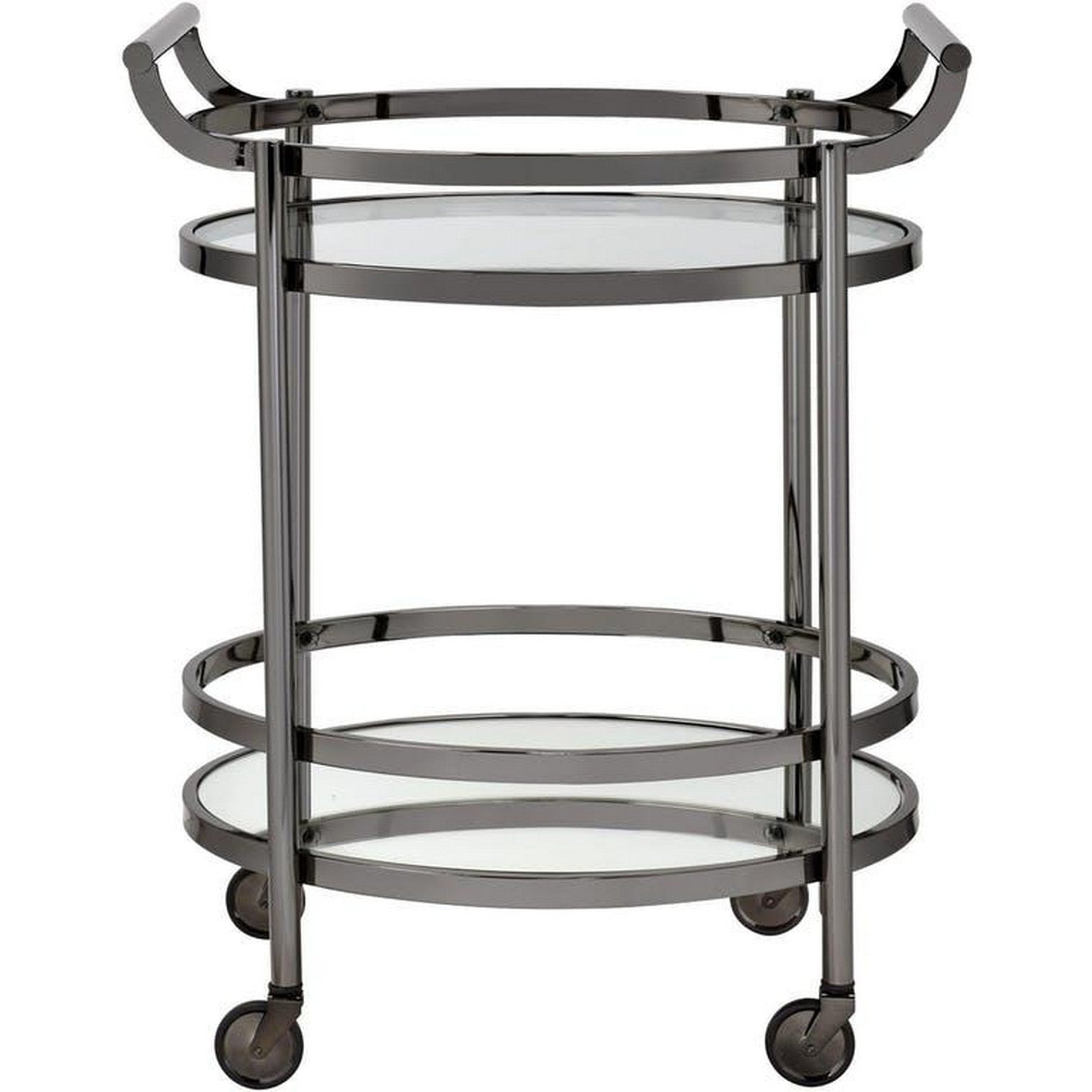 Benzara BM158856 Oval Metal Serving Cart, Clear Glass & Black Nickel