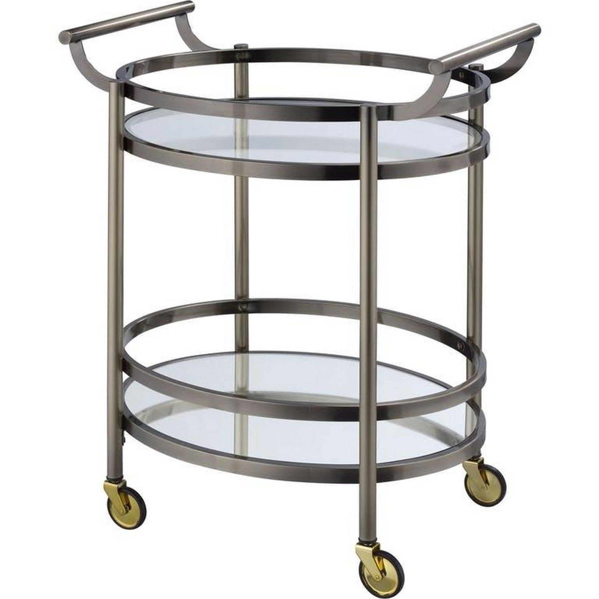 Benzara BM158856 Oval Metal Serving Cart, Clear Glass & Black Nickel