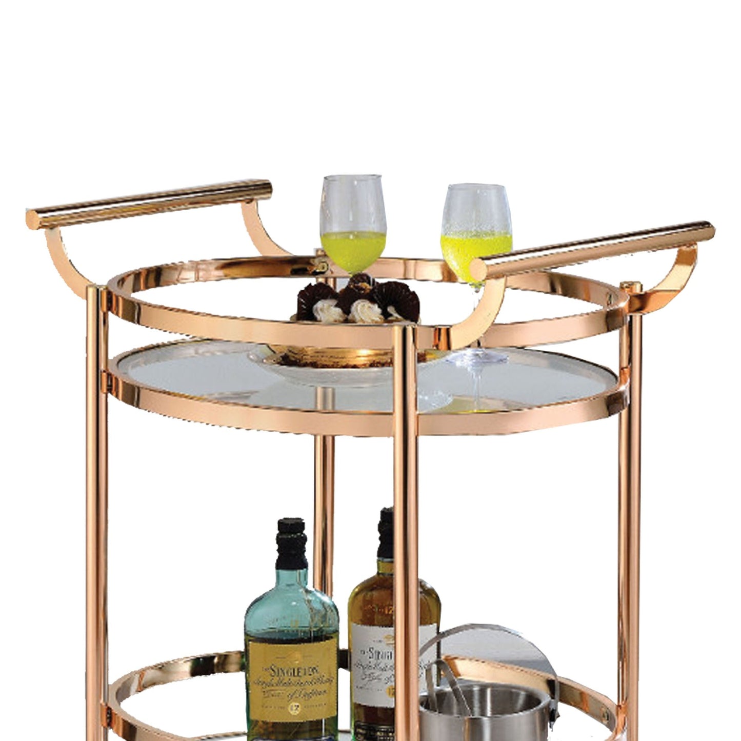 Benzara BM158857 Oval Metal Serving Cart, Clear Glass & Copper