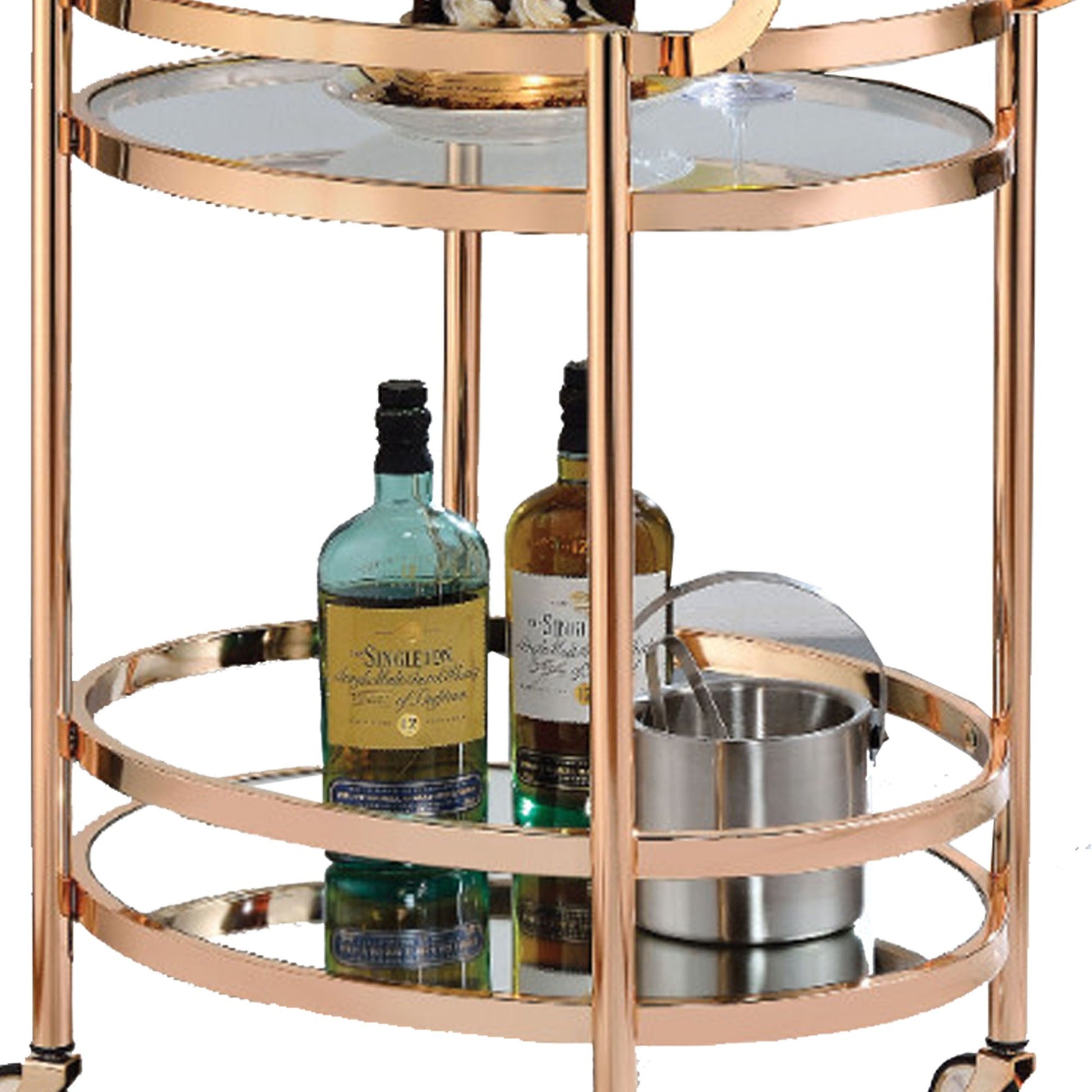 Benzara BM158857 Oval Metal Serving Cart, Clear Glass & Copper