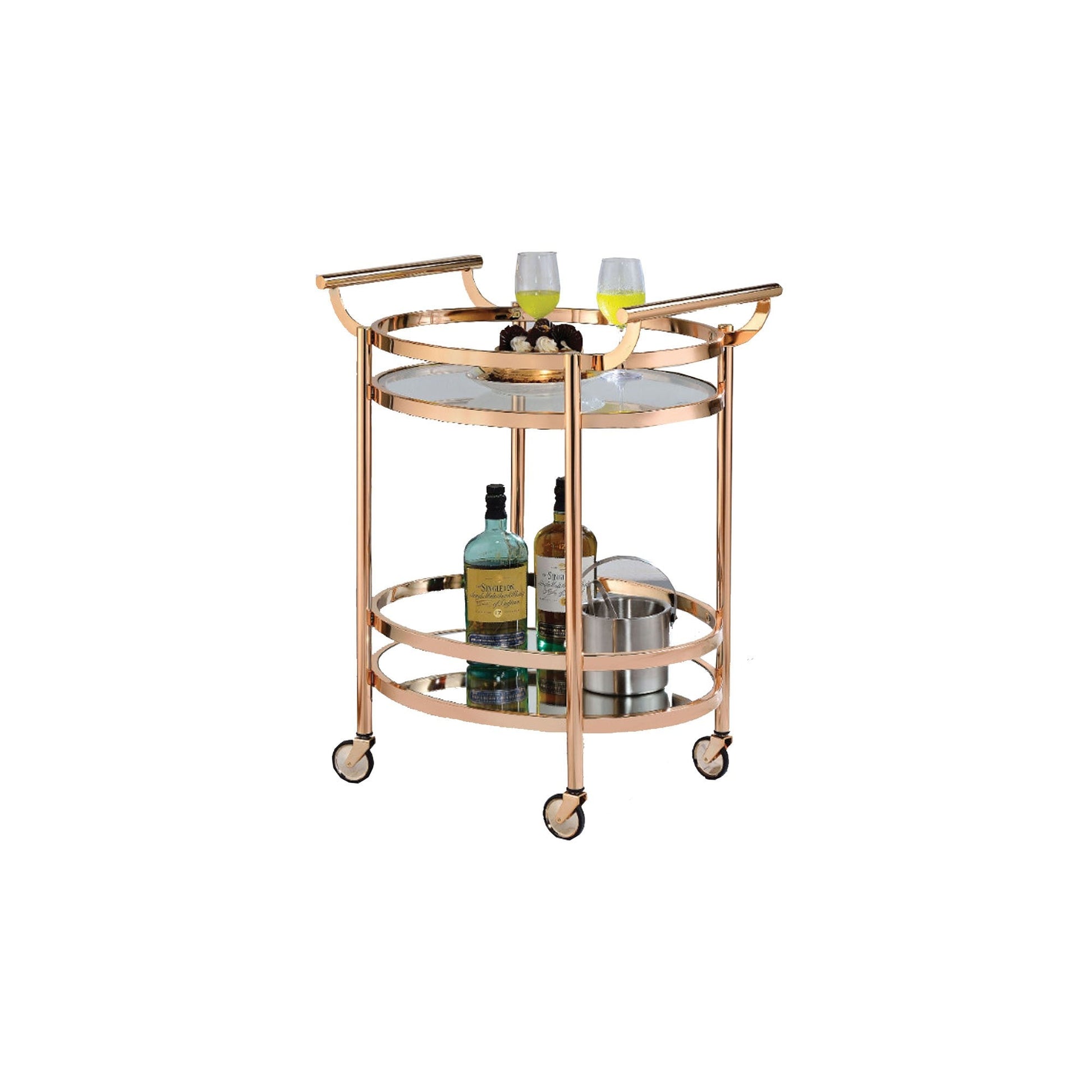 Benzara BM158857 Oval Metal Serving Cart, Clear Glass & Copper