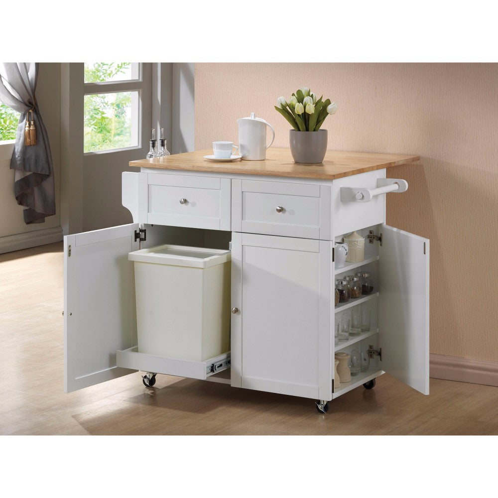 Benzara BM159253 Modern Dual Tone Wooden Kitchen Cart With Spacious Storage, Brown And White