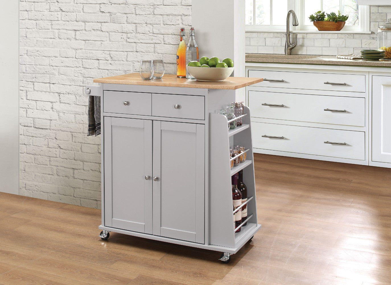 Benzara BM163660 Kitchen Cart With Wooden Top, Natural & Gray