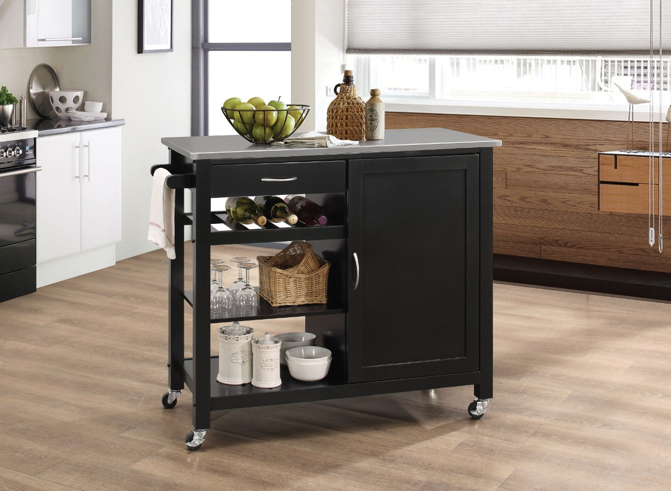 Benzara BM163662 Kitchen Cart With Wooden Top, Black