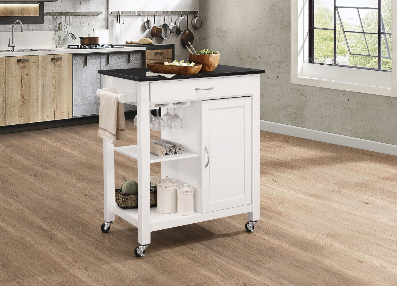 Benzara BM163663 Kitchen Cart With Wooden Top, Black & White