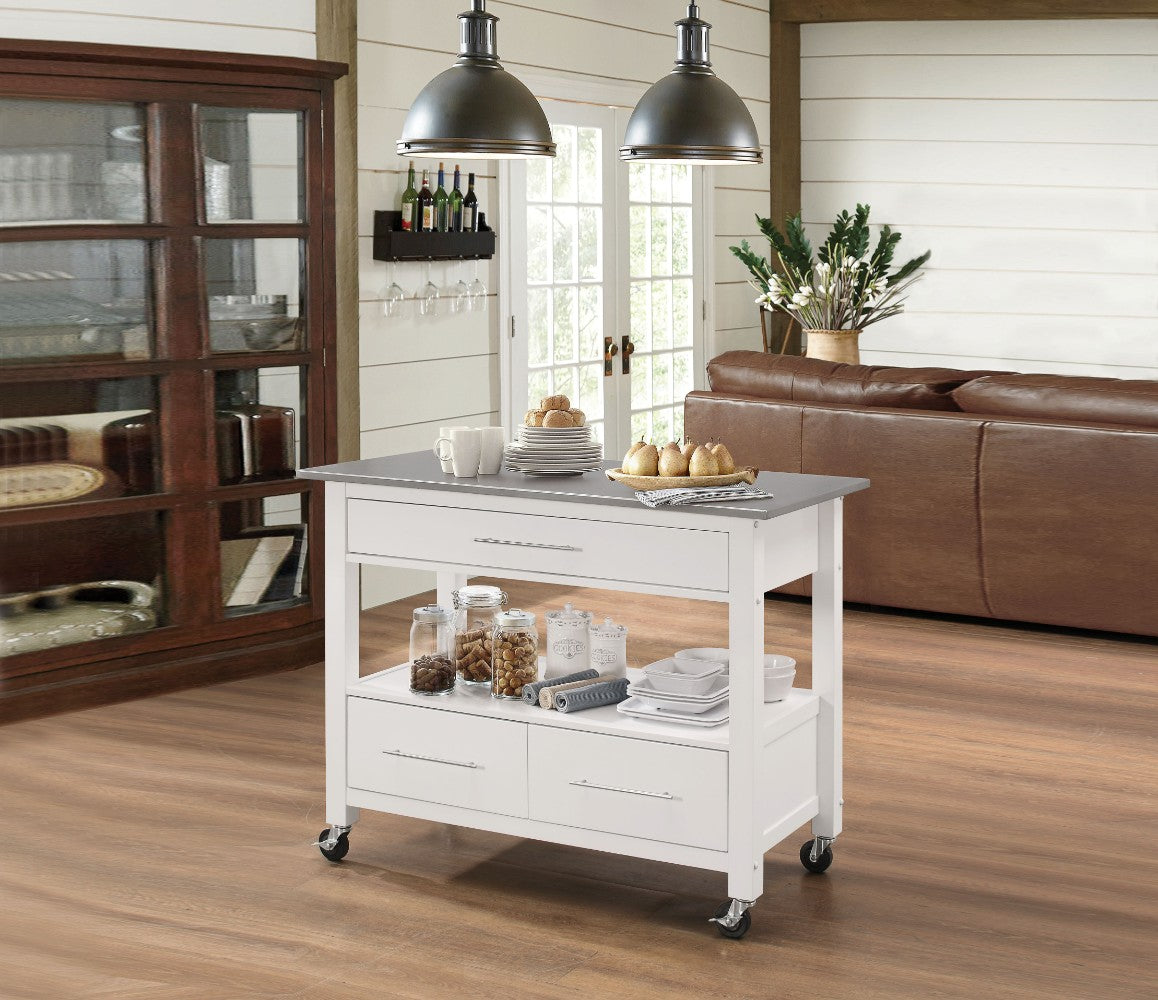 Benzara BM163665 Kitchen Cart With Stainless Steel Top, Gray & White