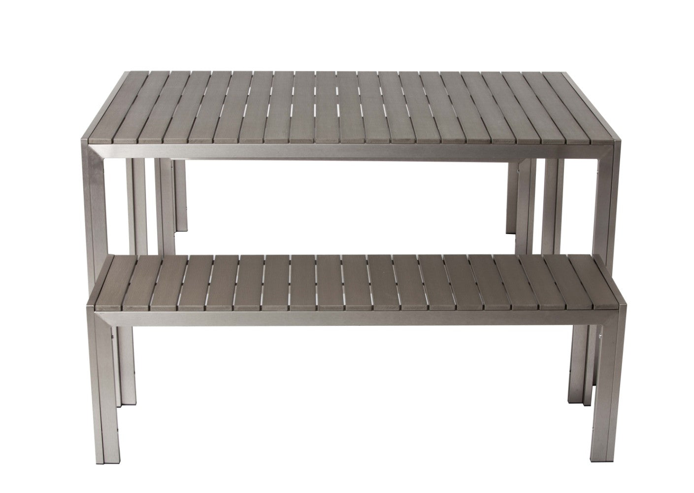 Benzara BM172059 Gray Effortlessely Uncomplicated Anodized Aluminum Table And Bench, Set of 3