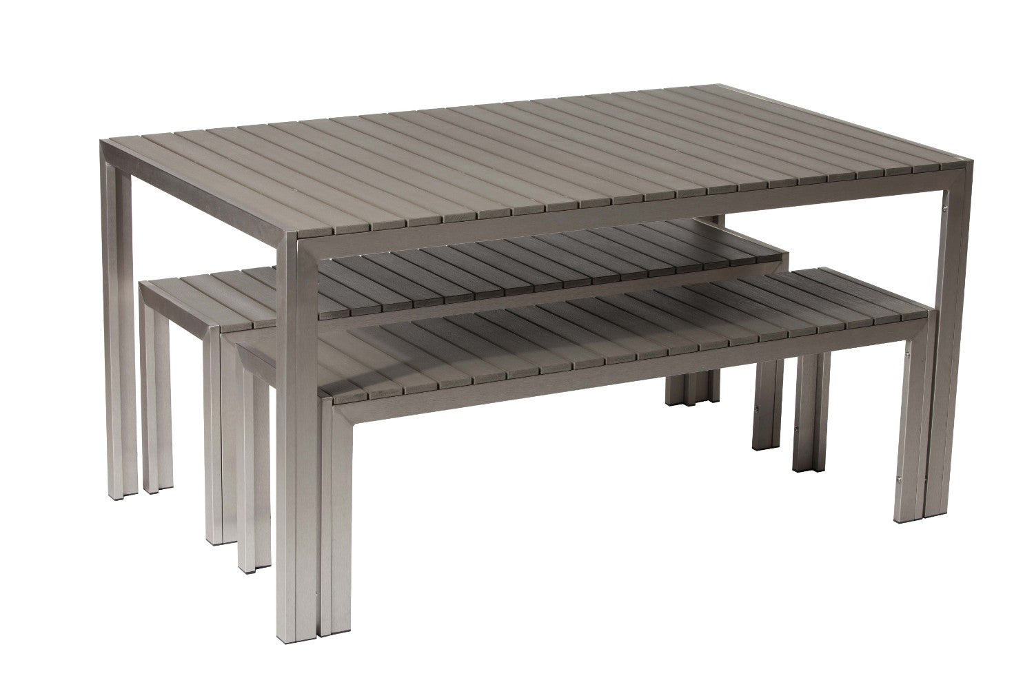 Benzara BM172059 Gray Effortlessely Uncomplicated Anodized Aluminum Table And Bench, Set of 3