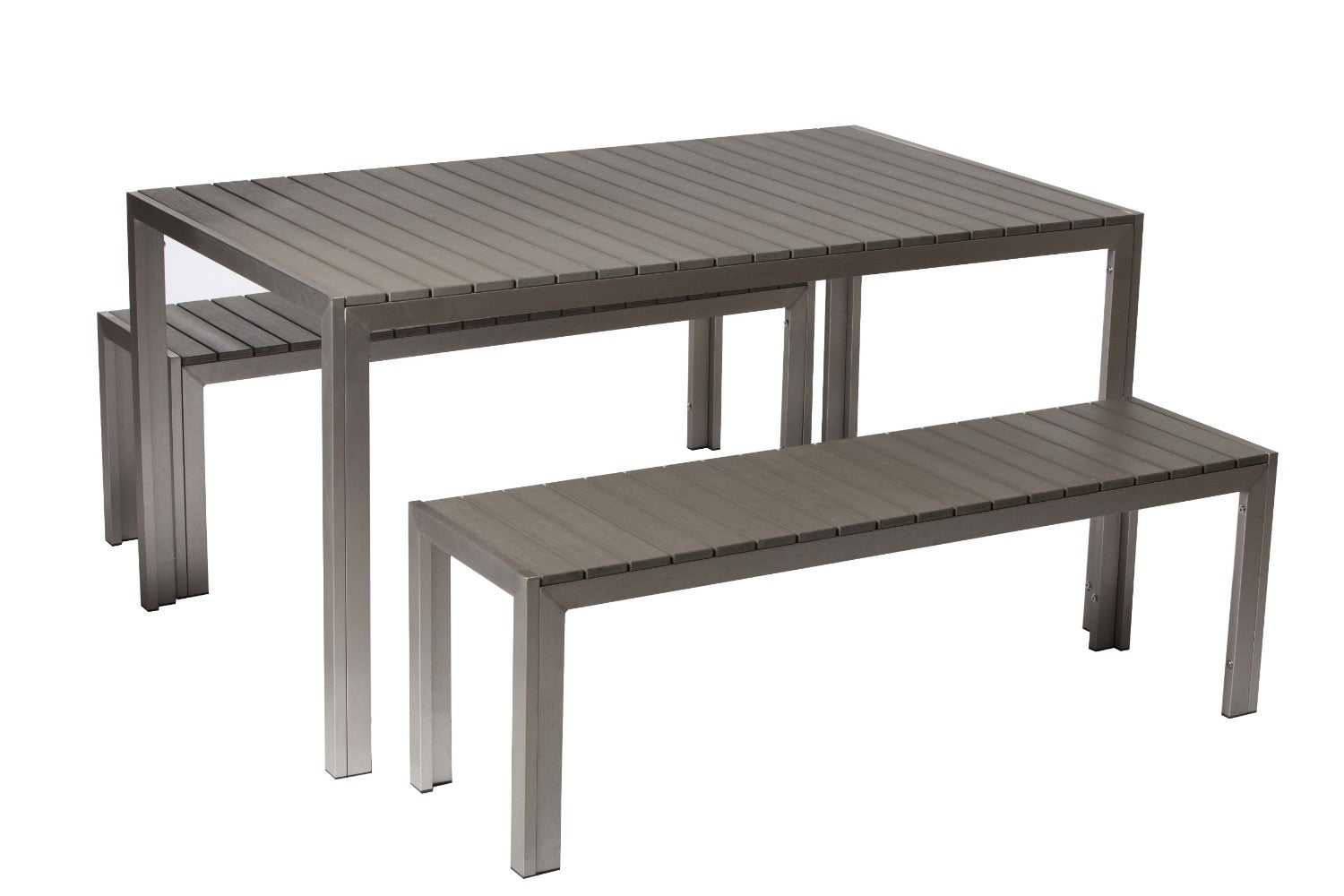 Benzara BM172059 Gray Effortlessely Uncomplicated Anodized Aluminum Table And Bench, Set of 3