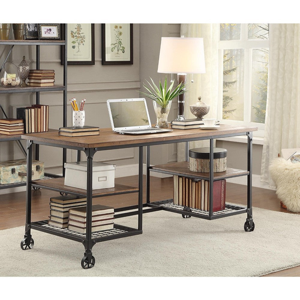 Benzara BM174352 Brown, Black Industrial Style Metallic Writing Desk With Wooden Top and Shelves