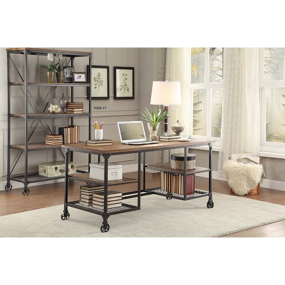 Benzara BM174352 Brown, Black Industrial Style Metallic Writing Desk With Wooden Top and Shelves