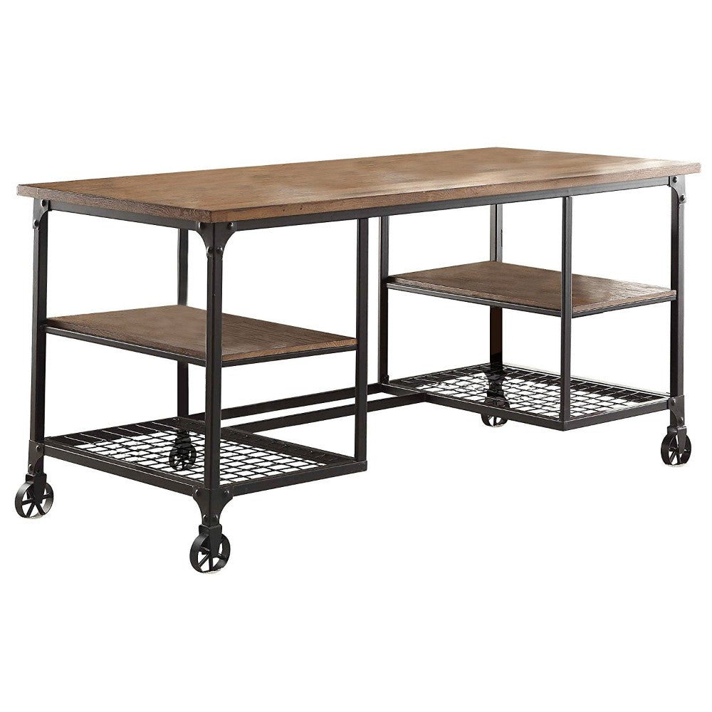 Benzara BM174352 Brown, Black Industrial Style Metallic Writing Desk With Wooden Top and Shelves