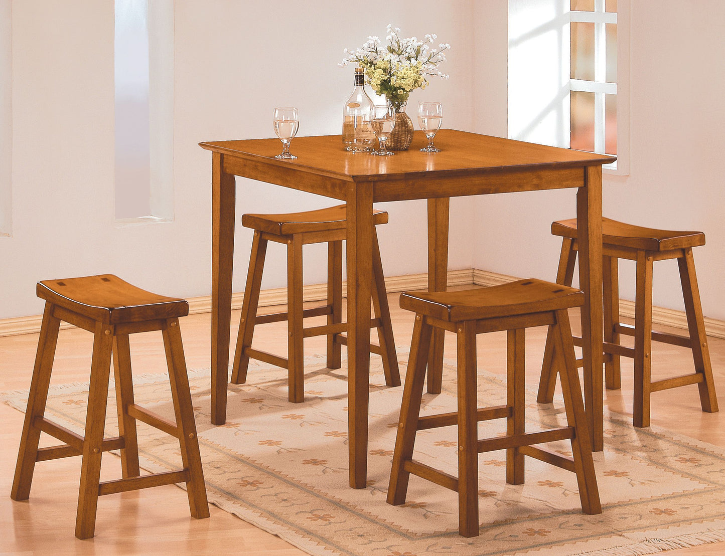 Benzara BM175970 Wooden 5 Piece Counter Height Dining Set of Table & Stool, Oak Brown