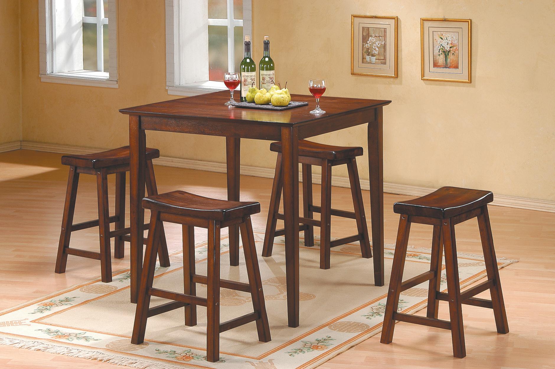 Benzara BM175978 Wooden 5 Piece Counter Height Dining Set of Table & Stool, Warm Cherry Brown