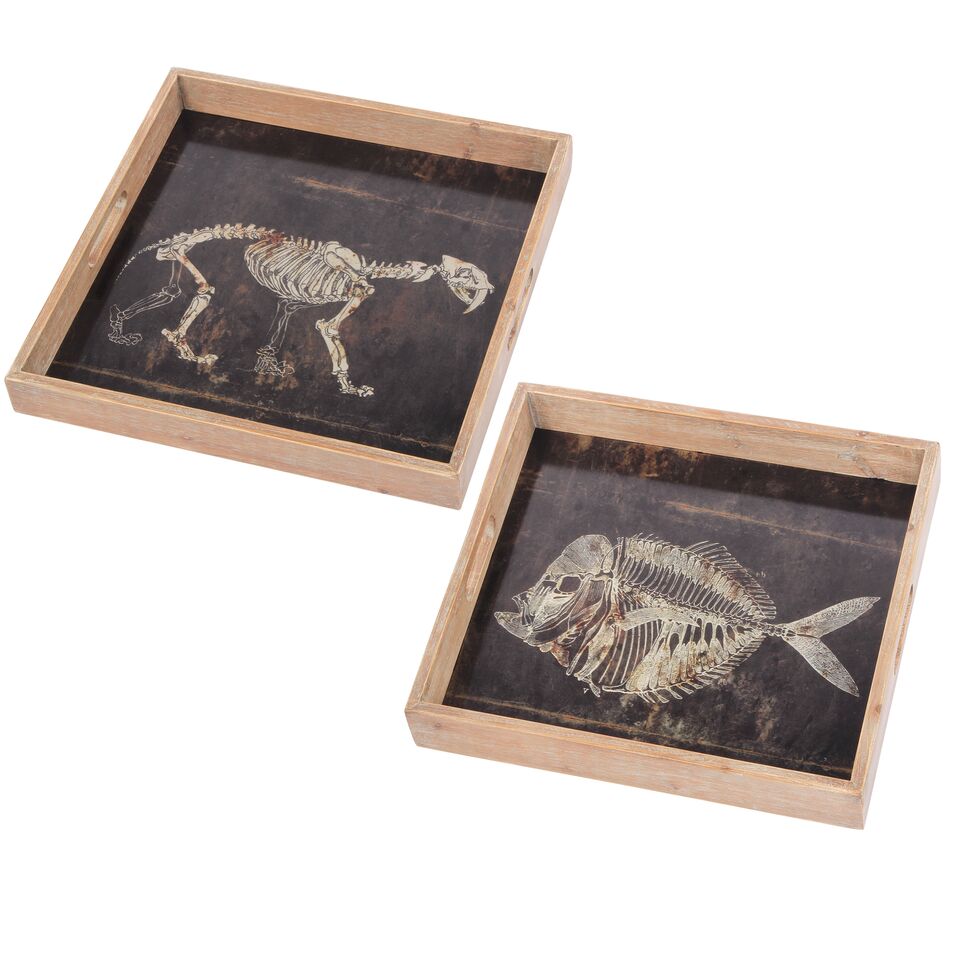 Benzara BM177191 Black and Brown Aluminum Printed Tray With Wooden Framing, Set of 2