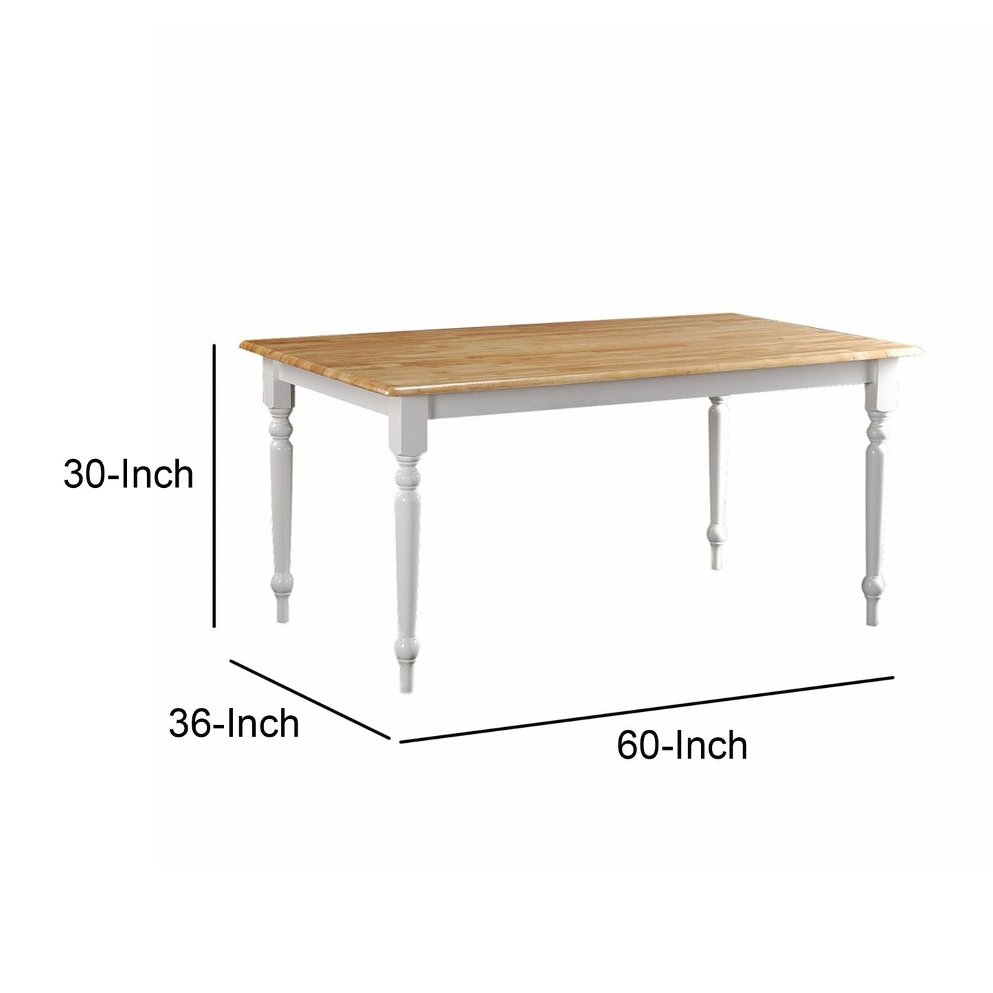 Benzara BM183400 Grained Rectangular Wooden Dining Table With Turned legs, Brown and White