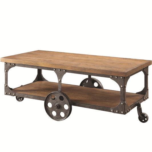 Benzara BM184887 Brown Industrial Style Solid Wooden Coffee Table With Metal Accents & Wheels