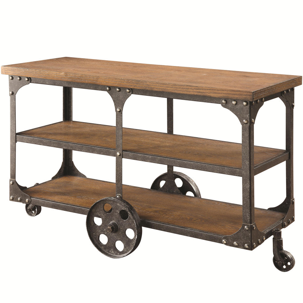 Benzara BM184888 Brown Industrial Style Solid Wooden Sofa Table With Metal Accents & Wheels