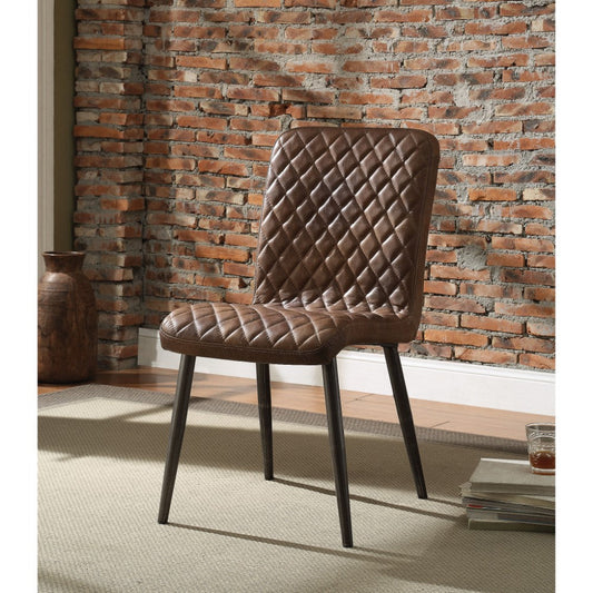 Benzara BM185660 Brown Dimond Patterned Faux Leather Upholstered Metal Side Chair, Set of Two