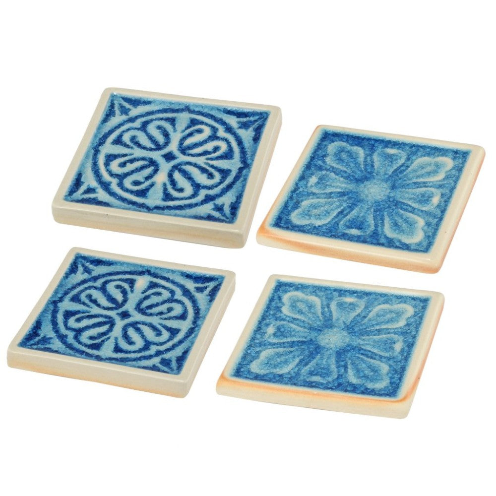 Benzara BM185938 Blue and Cream Square Shaped Ceramic Coaster With Intricate Detail, Set of 4