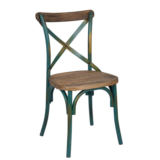 Benzara BM186925 Industrial Style Wooden and Metal Frame Side Chair, Brown and Turquoise