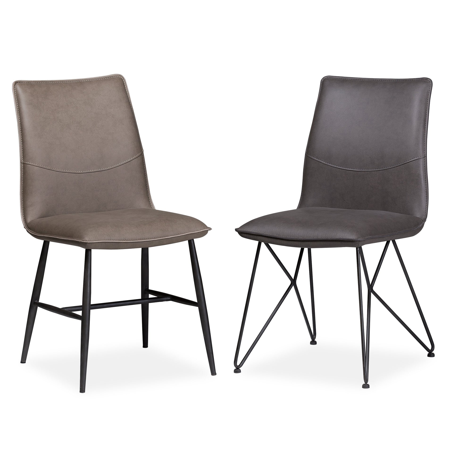 Benzara BM187618 Leather Upholstered Metal Chair With Angle Hairpin Style Legs, Set of 2, Black and Gray