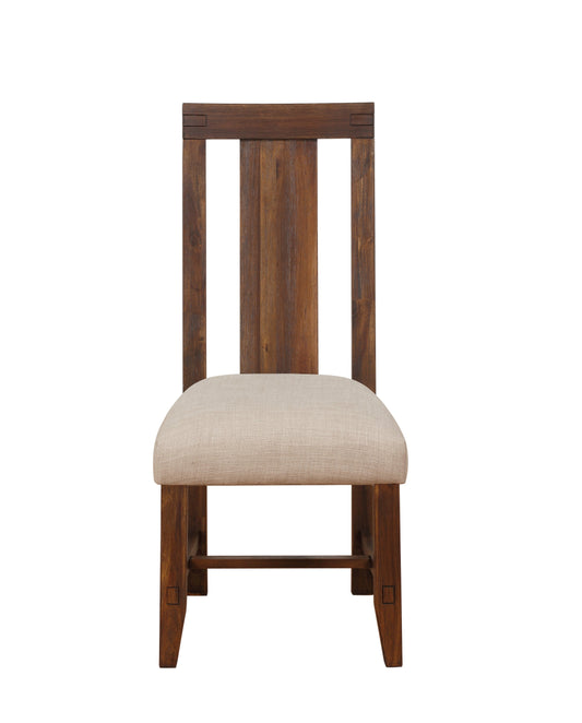 Benzara BM187621 Brick Brown and Beige Fabric Upholstered Wooden Chair With Exposed Joints, Set of 2