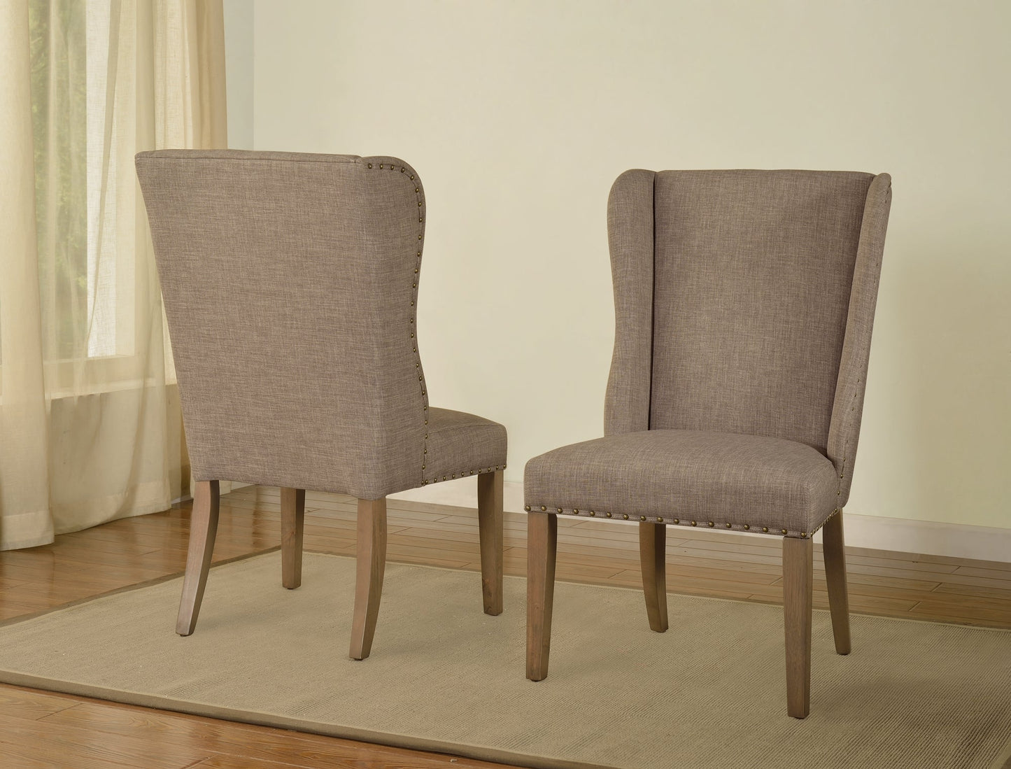 Benzara BM187635 Brown and Gray Fabric Upholstered Wooden Chair With Demi Wing Back Design, Set of 2