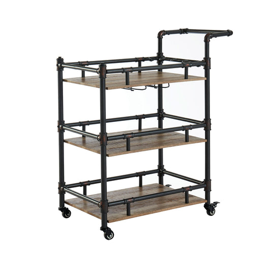 Benzara BM188330 Black and Brown Rustic Three Tier Wood and Metal Serving Cart