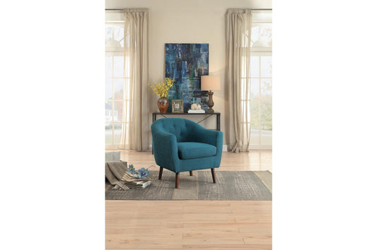 Benzara BM190166 Blue Contemporary Button Tufted Polyester Upholstered Wooden Accent Chair With Curved Back