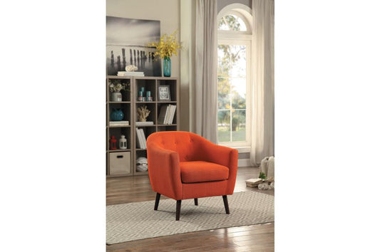 Benzara BM190168 Orange Contemporary Button Tufted Polyester Upholstered Wooden Accent Chair With Splayed Legs