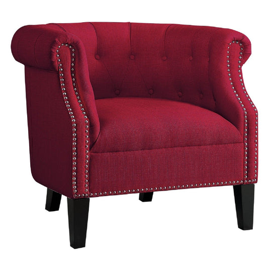 Benzara BM190175 Red Transitional Polyester Upholstered Button Tufted Accent Chair With Nail Head Trim