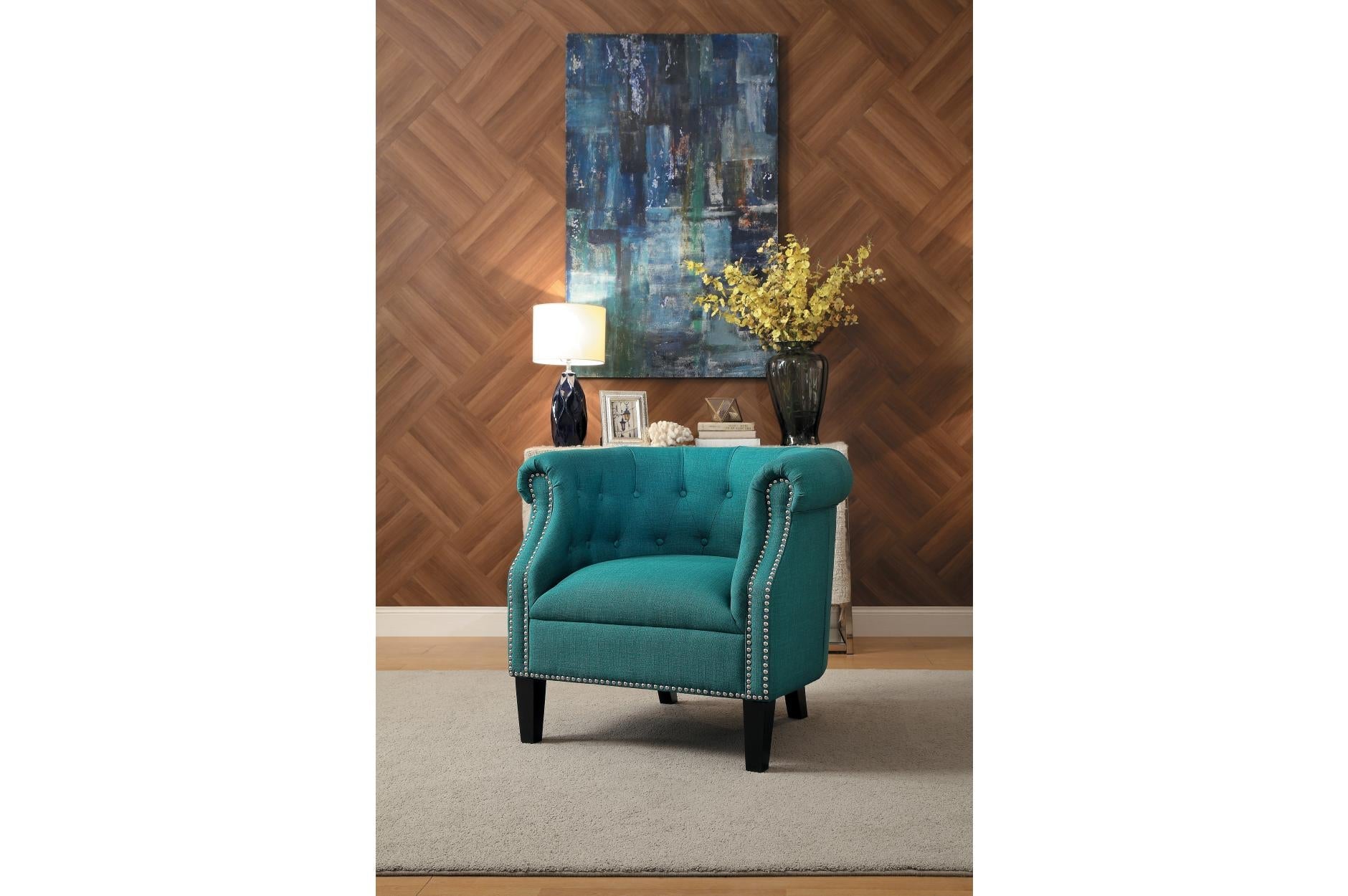 Benzara BM190176 Blue Transitional Polyester Upholstered Button Tufted Accent Chair With Nail Head Trim